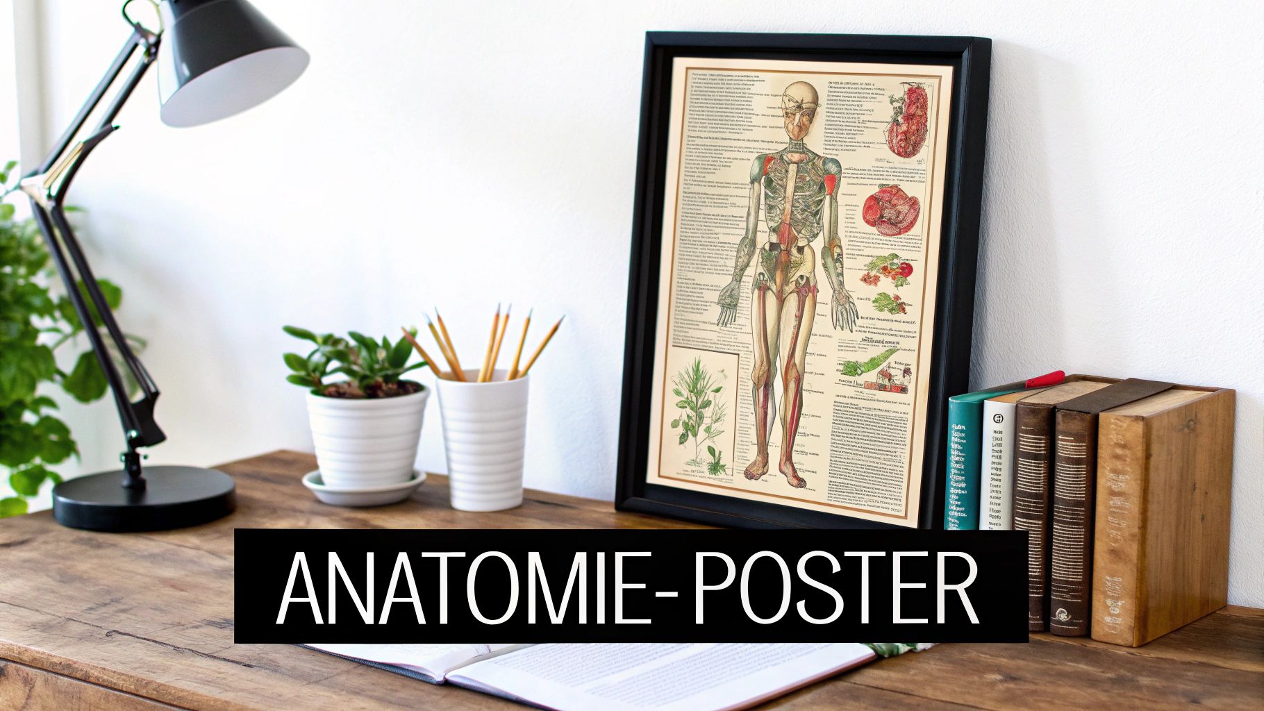 Ein Schreibtisch mit einer schwarzen Lampe, Pflanzen, Bleistiften, Büchern und einem gerahmten Anatomie-Poster.