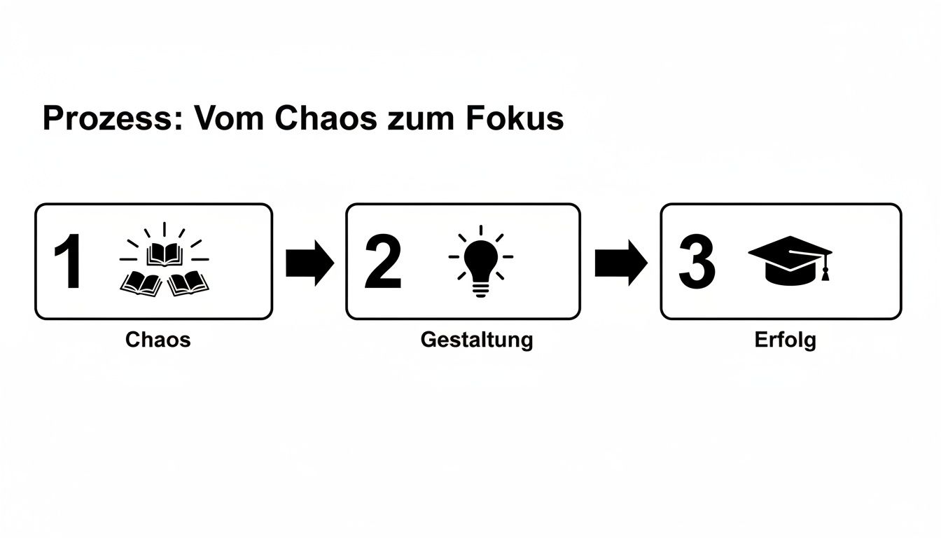 Ein dreistufiger Prozess: vom Chaos der Informationen (Bücher) über die Gestaltung (Glühbirne) zum Erfolg (Doktorhut).