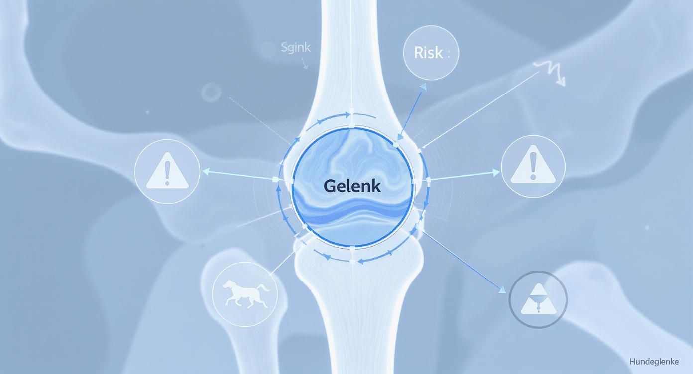 Anatomische Darstellung eines Gelenks mit Pfeilen, Warndreiecken und Begriffen wie 'Gelenk', 'Risiko' und 'Hundegelenke'.