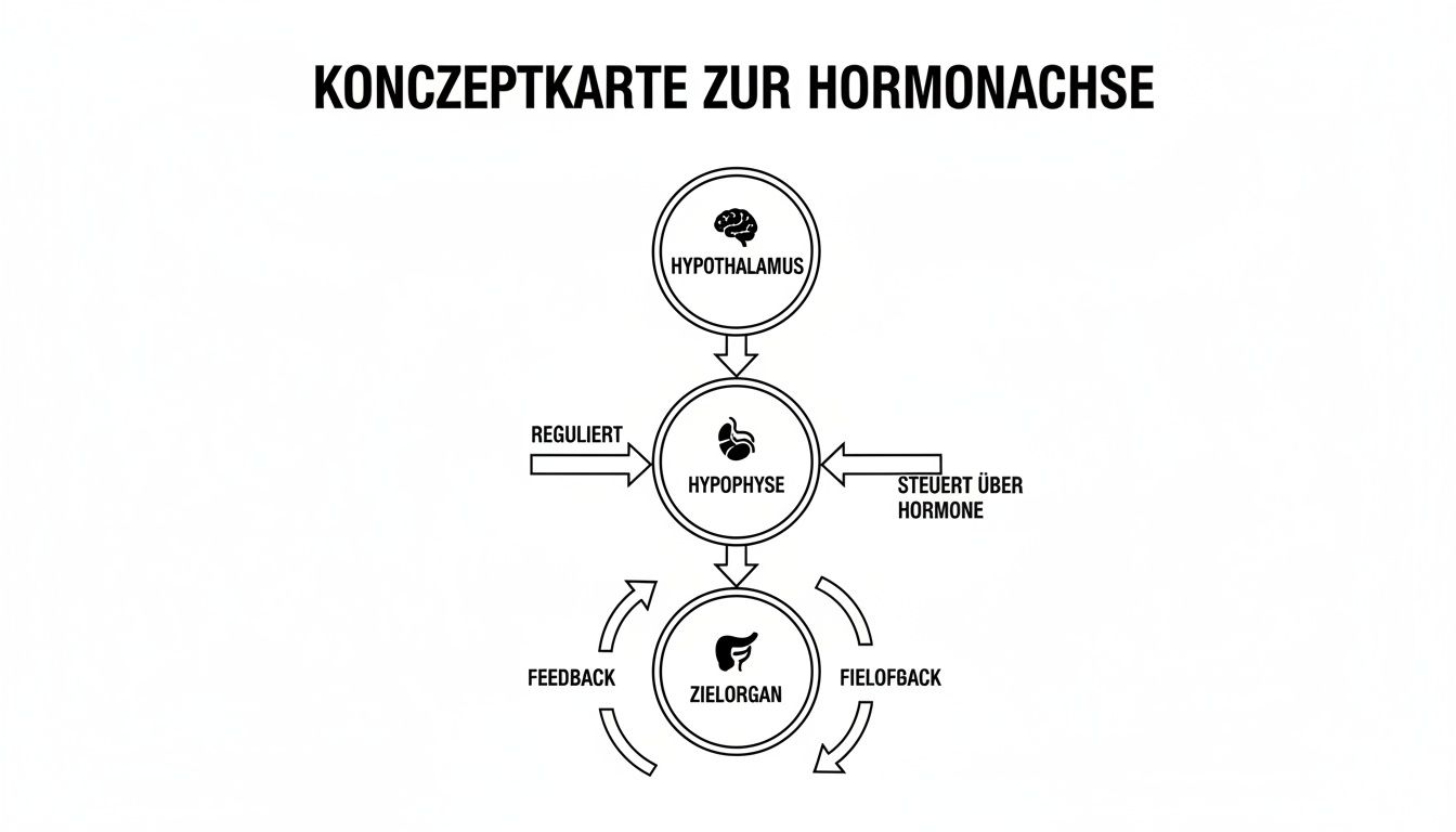 Konzeptkarte der Hormonachse: Hypothalamus, Hypophyse und Zielorgan mit Regulation und Rückkopplung dargestellt.