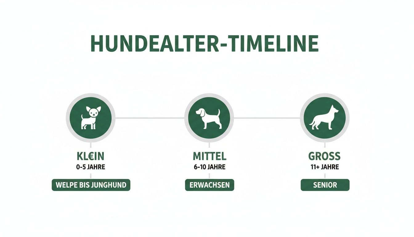 Infografik: Hundealter-Timeline zeigt Alterskategorien nach Hundegröße (klein, mittel, groß) und Lebensphase.