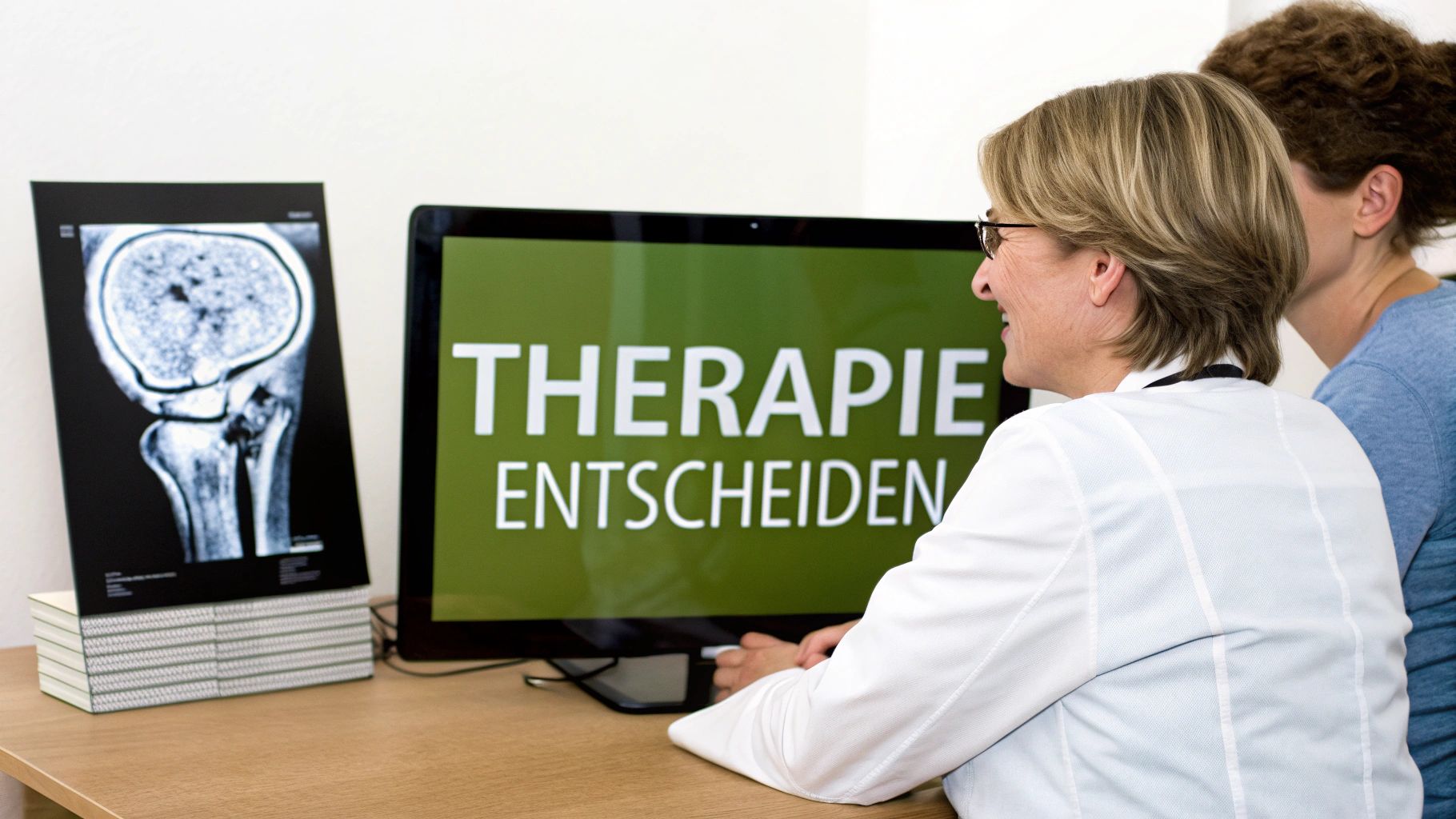 Ein Arzt bespricht MRT-Bilder eines Knies mit einem Patienten.