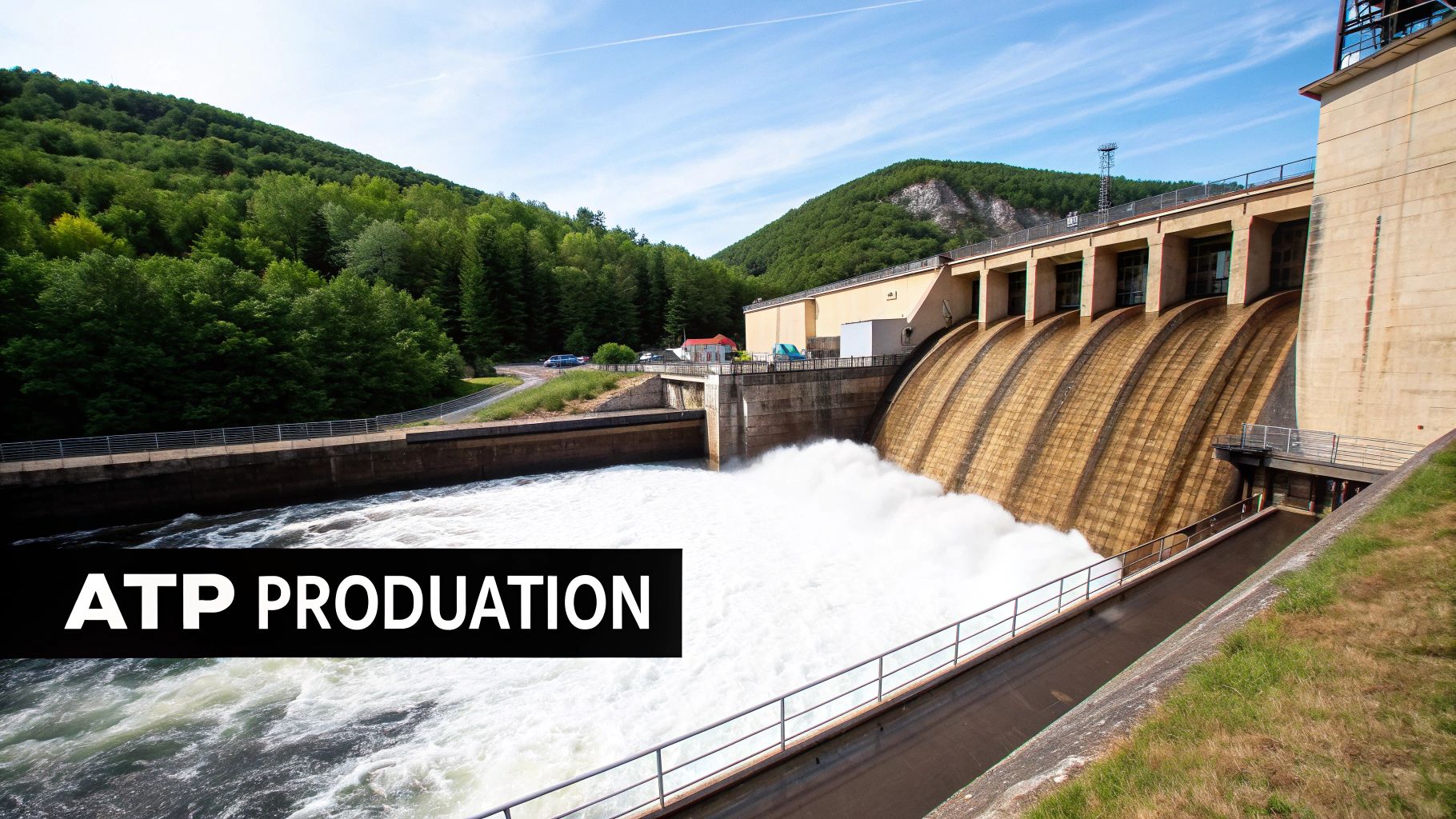 Ein großes Wasserkraftwerk lässt Wasser ab, umgeben von bewaldeten Hügeln unter blauem Himmel.