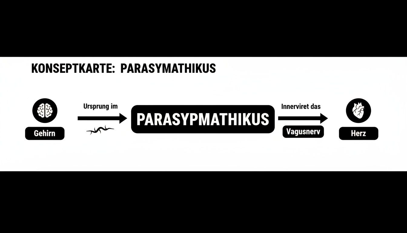 Konzeptkarte zum Parasympathikus: Zeigt Ursprung im Gehirn und Innervation des Herzens über den Vagusnerv.
