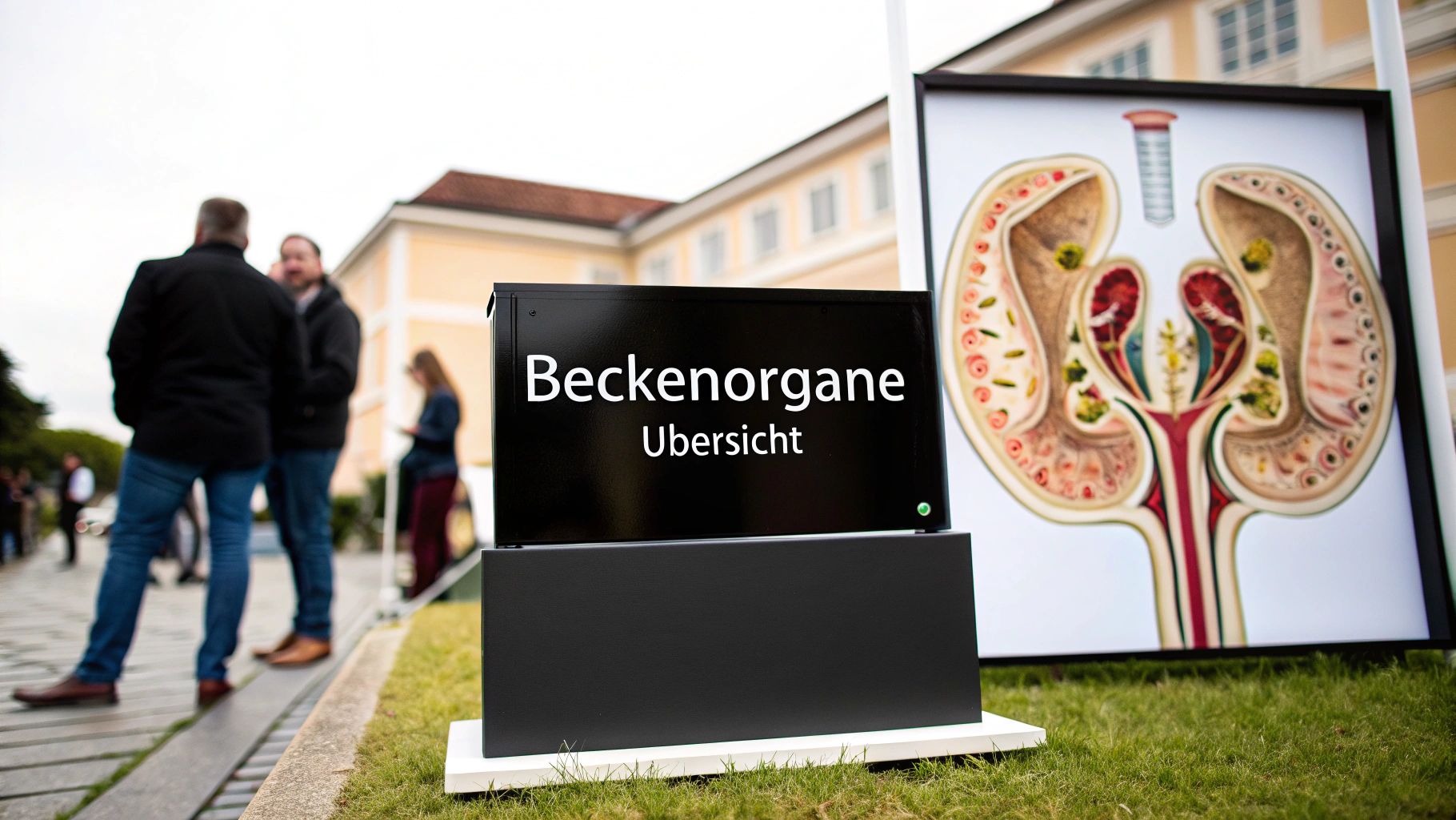 Medizinisches Informationsschild zeigt anatomische Darstellung der Beckenorgane mit Nieren und Gefäßen im öffentlichen Raum