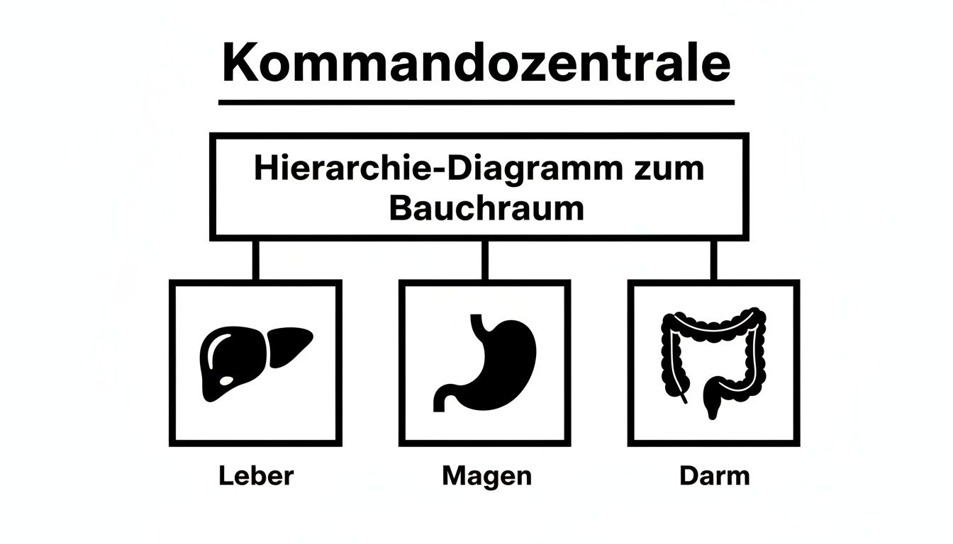 Hierarchie-Diagramm vom Bauchraum zeigt die Kommandozentrale und die Organe Leber, Magen und Darm.