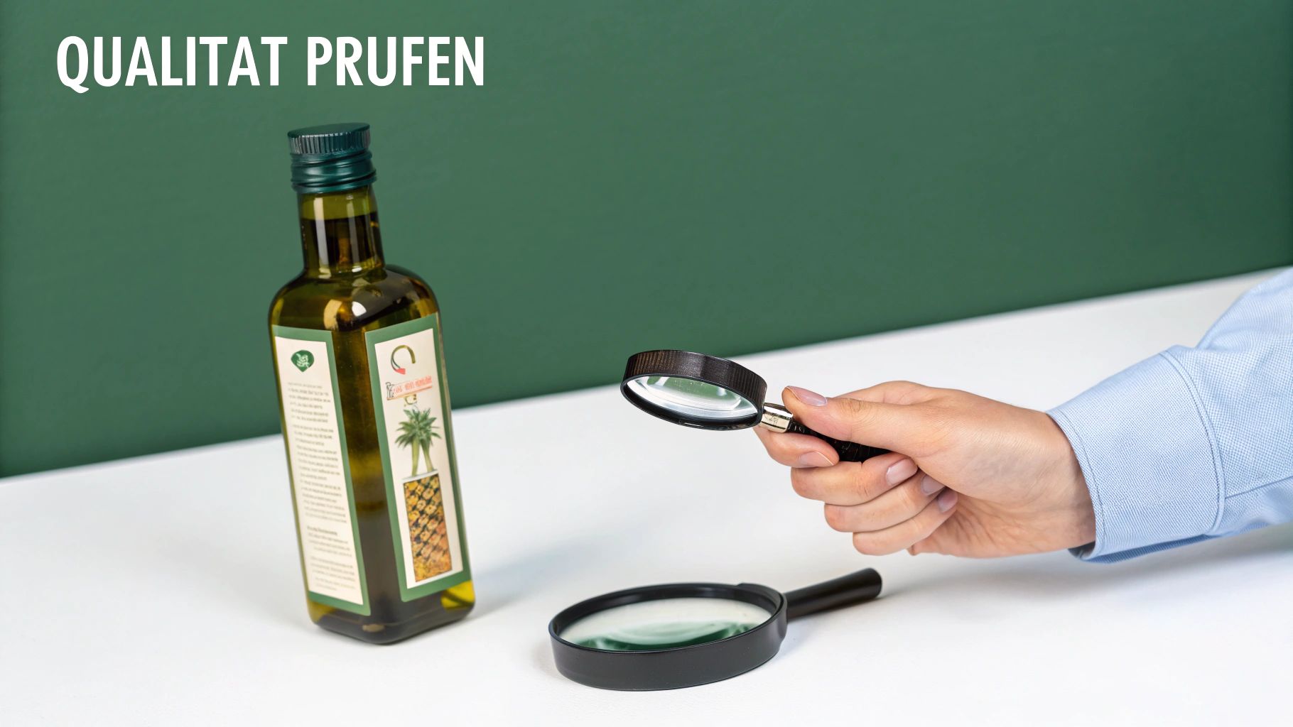 Eine Hand hält eine Glaspipette, aus der ein goldener Öltropfen fällt, vor dem Hintergrund einer unscharfen Ölflasche und grünen Blättern.