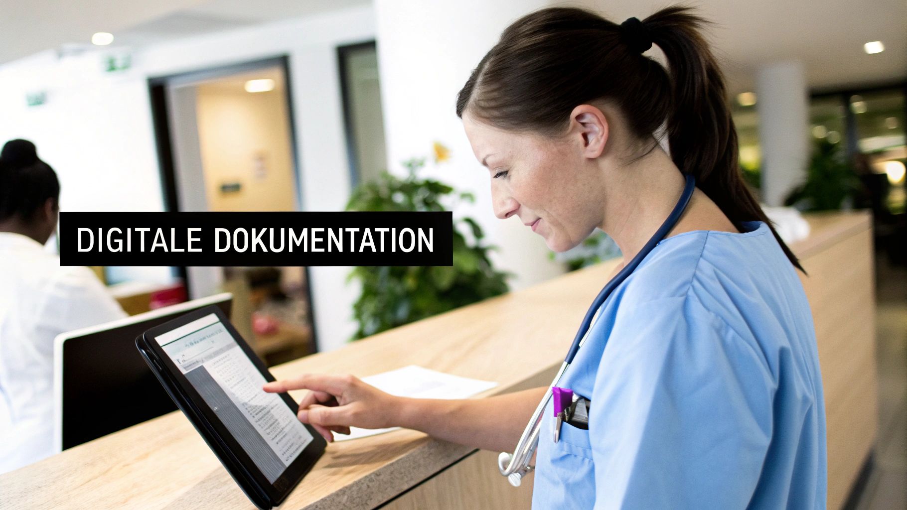 Eine Pflegekraft nutzt ein digitales Tablet, um Pflegedaten zu dokumentieren