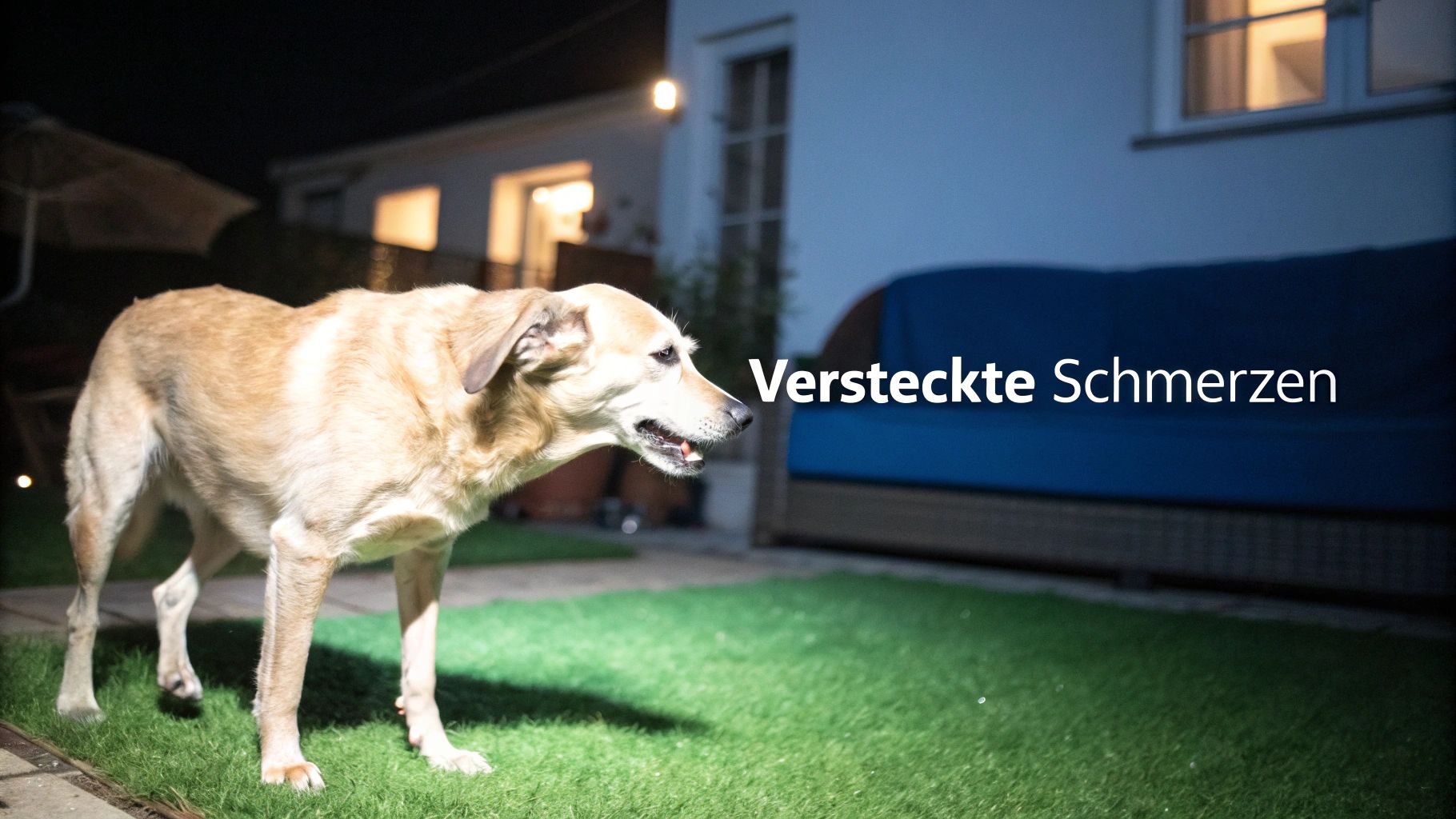 Ein alter, hellbrauner Hund steht nachts unruhig auf grünem Rasen. Text: Versteckte Schmerzen.