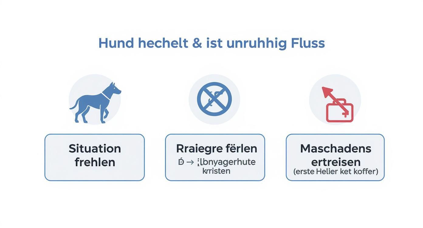 Infografik zeigt einen hechelnden und unruhigen Hund sowie drei Situationen mit Symbolen und Text.