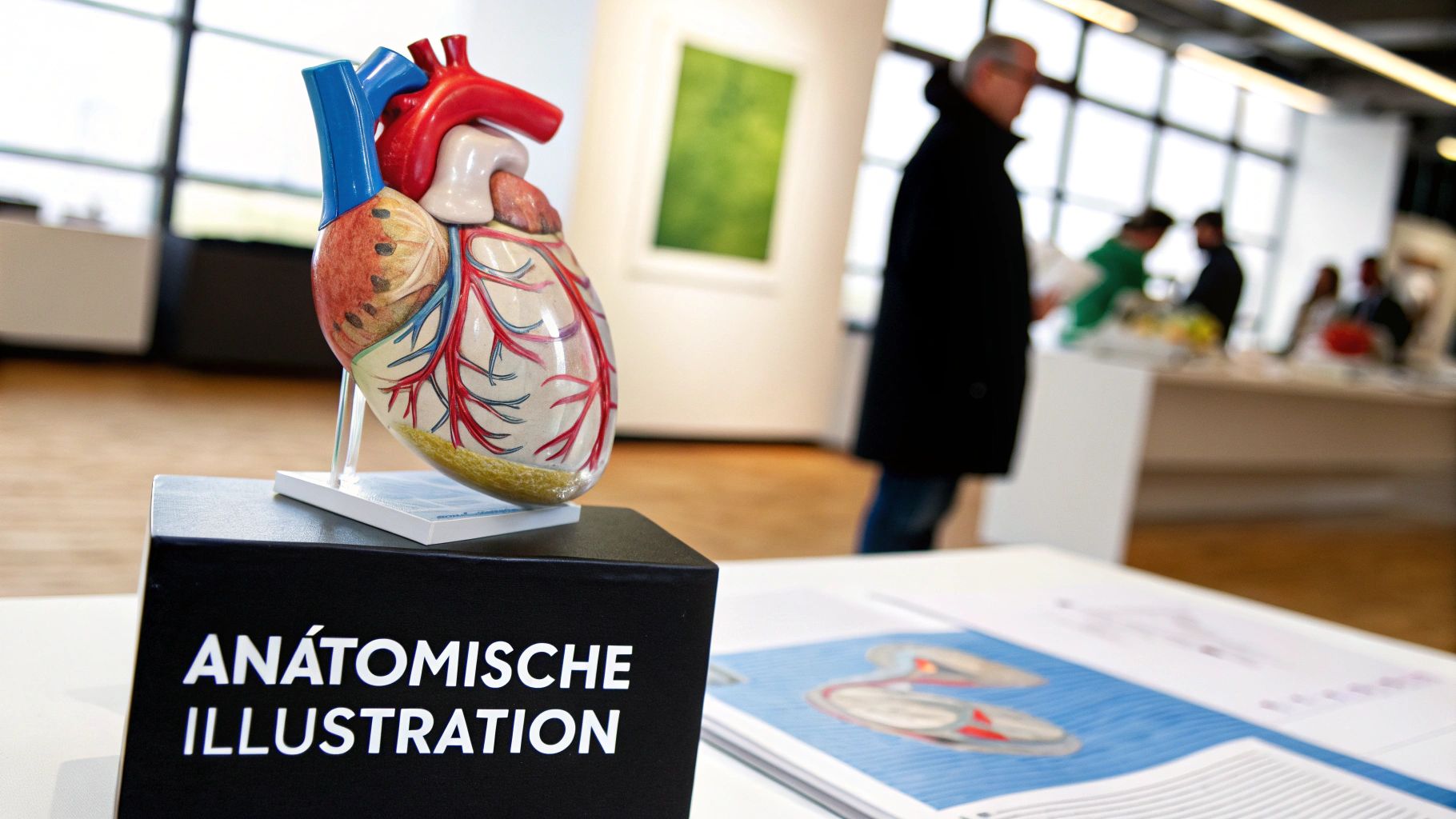 Anatomisches Herzmodell mit Blutgefäßen auf schwarzem Sockel neben medizinischem Lehrbuch