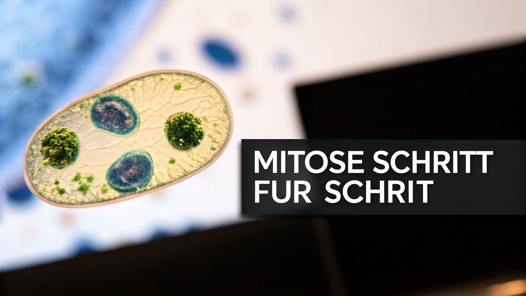 Nahaufnahme einer Mikroskopaufnahme von Zellen mit verschiedenen Zellstrukturen und dem Text "Mitose Schritt für Schritt".