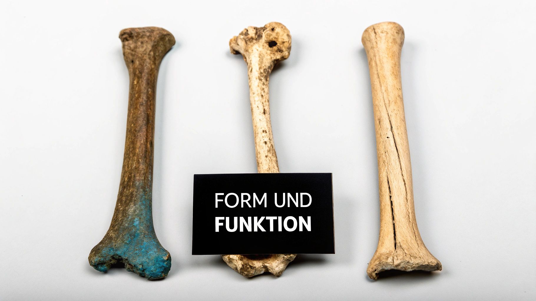 Ein Diagramm, das verschiedene Knochenformen wie Röhrenknochen, platte Knochen und unregelmäßige Knochen zeigt, um die Verbindung zwischen Form und Funktion zu verdeutlichen.