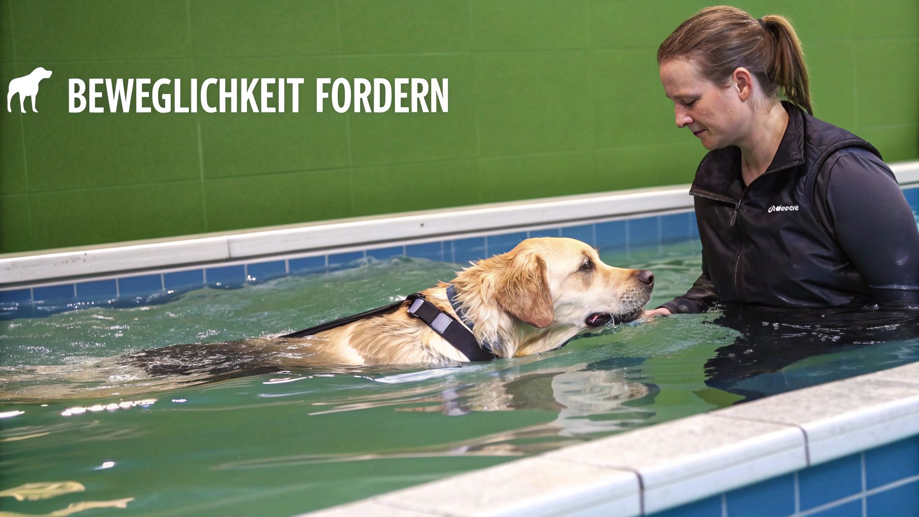 Ein Tierarzt untersucht behutsam das Gelenk eines Hundes, der auf dem Untersuchungstisch liegt