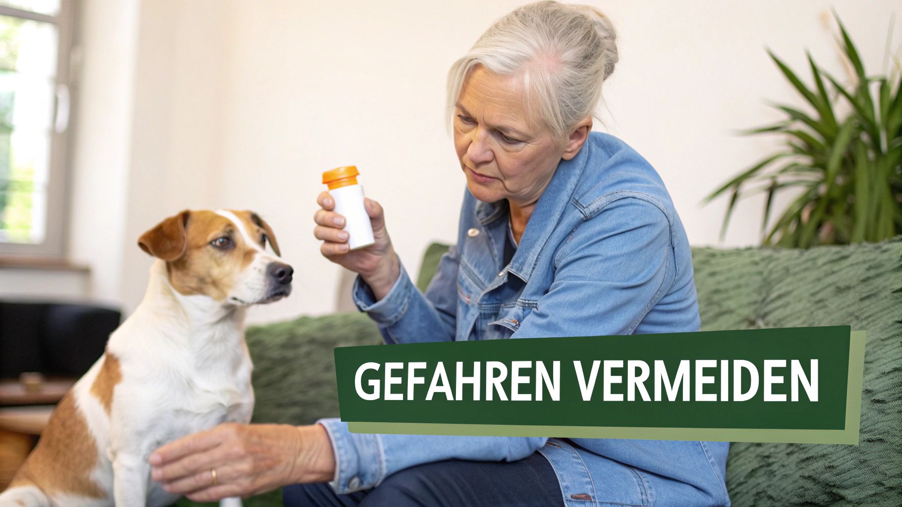 Ältere Frau mit Hund auf Sofa schaut auf Pillenflasche. Text: Gefahren vermeiden.
