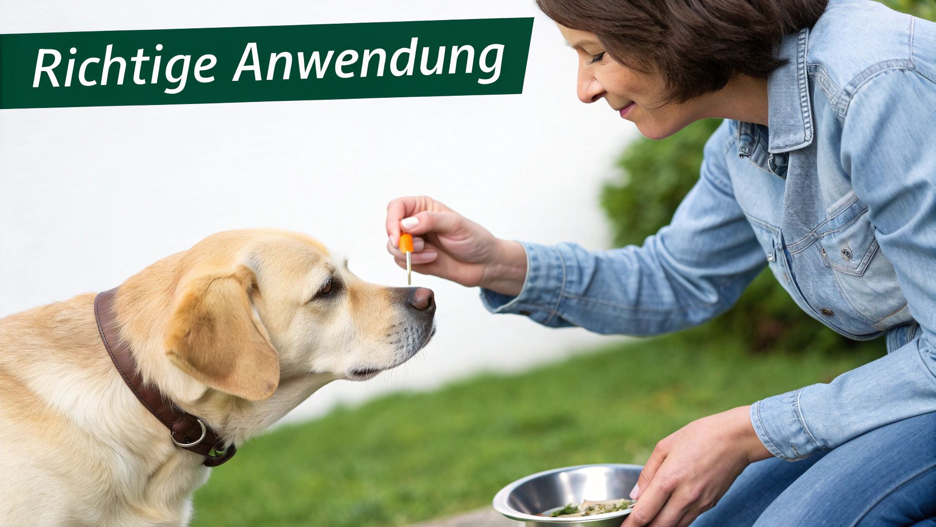 Ein Hundebesitzer gibt seinem Hund eine Gelenktablette in Leckerli-Form.