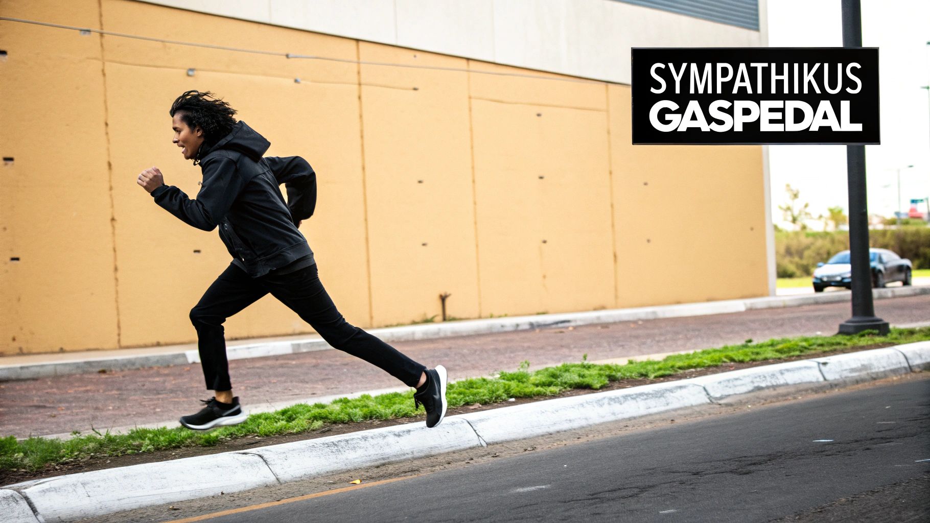 Ein Läufer in schwarzer Sportkleidung rennt energisch neben einer Straße mit einem Gebäude im Hintergrund. Oben rechts ein schwarzes Schild mit der Aufschrift 'SYMPATHIKUS GASPEDAL'.