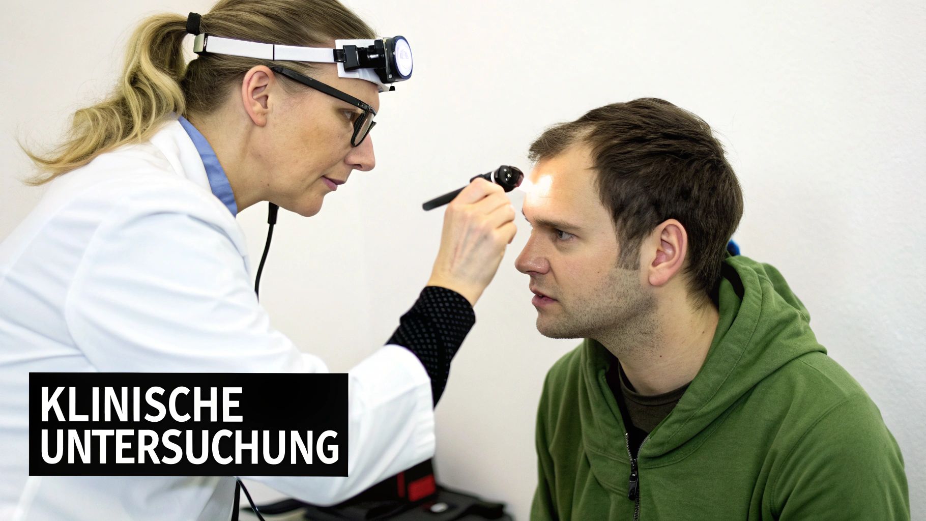 Eine Ärztin führt eine klinische Untersuchung am Kopf eines Patienten durch.