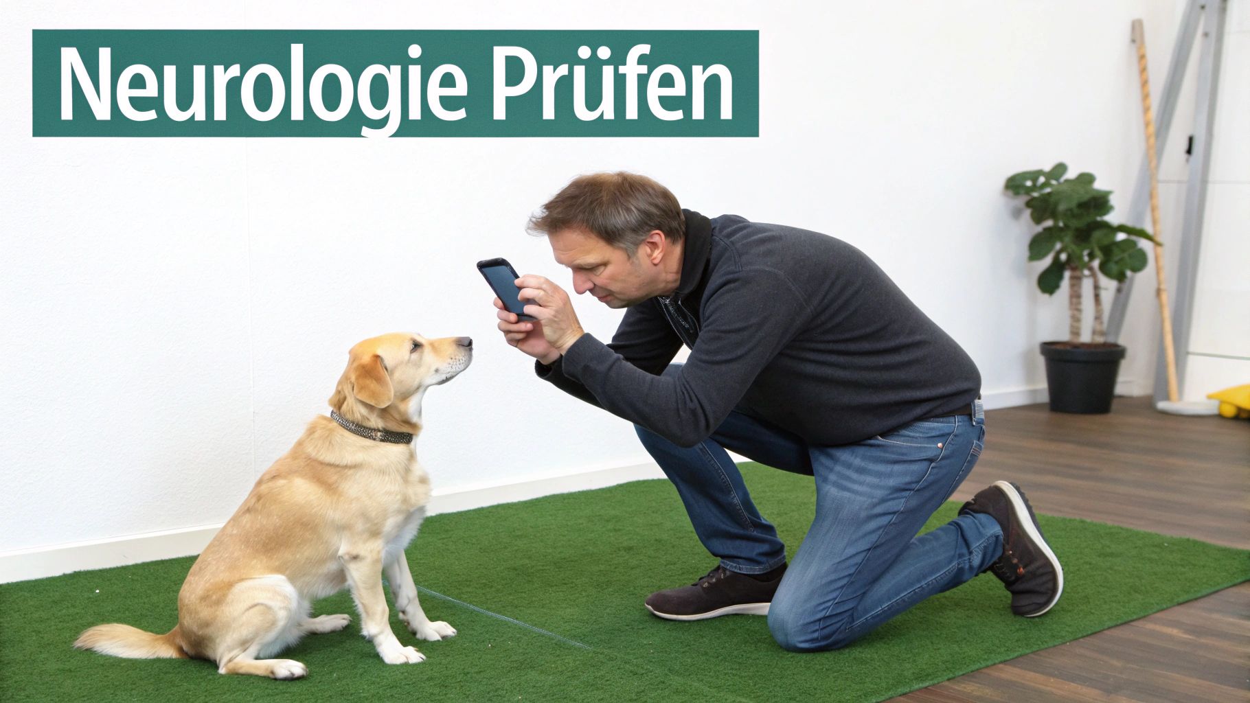 Ein Mann kniet auf einem grünen Teppich und macht ein Foto von einem sitzenden Hund mit seinem Smartphone.