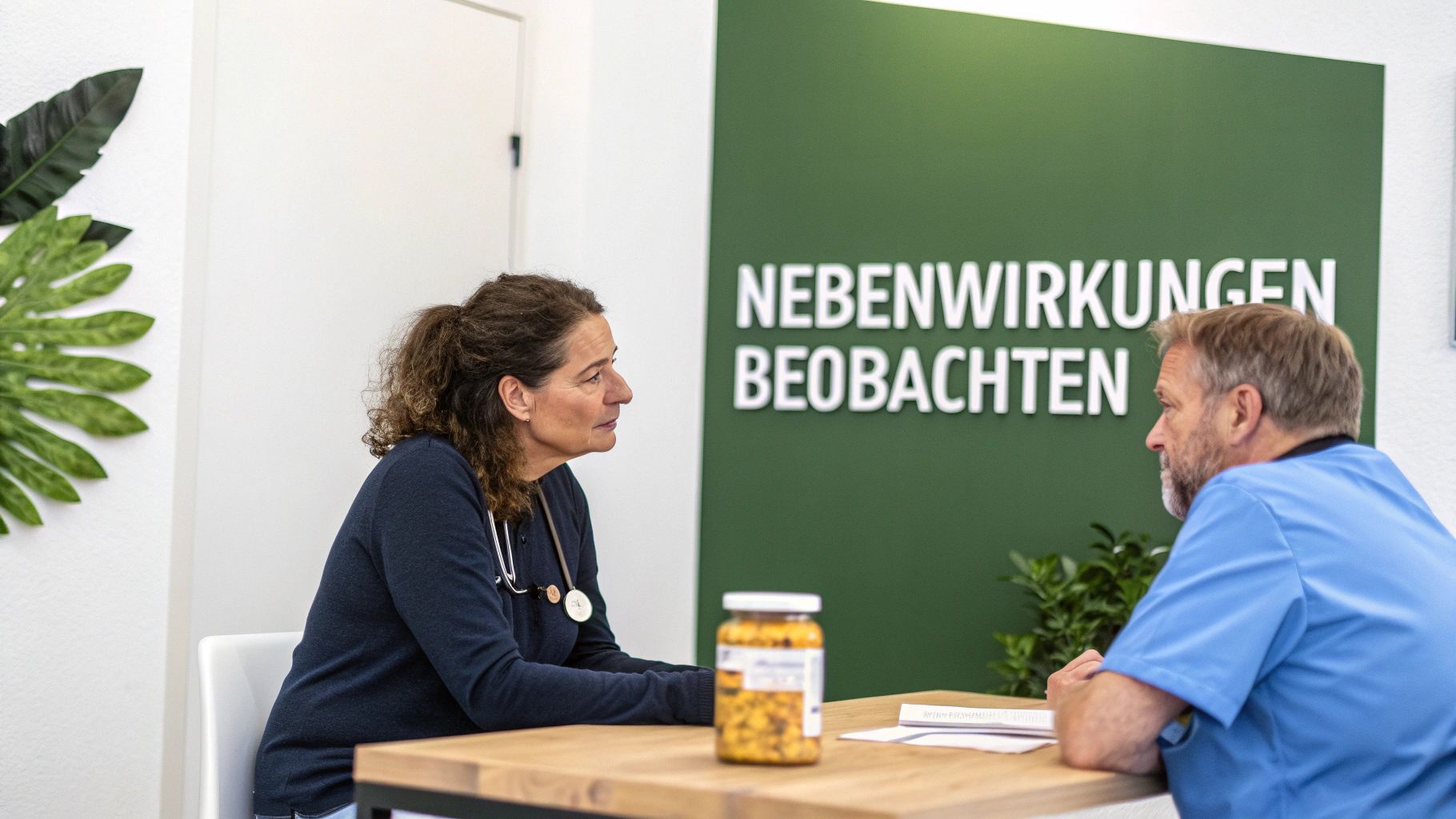 Ärztin im Gespräch mit einem Patienten, auf dem Tisch ein Glas Kurkuma-Kapseln.
