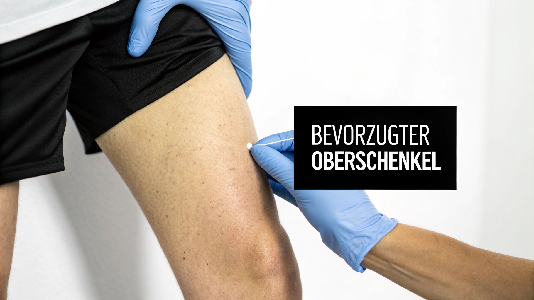 Eine anatomische Illustration zeigt die Muskeln des Oberschenkels, mit besonderem Fokus auf den Musculus vastus lateralis.