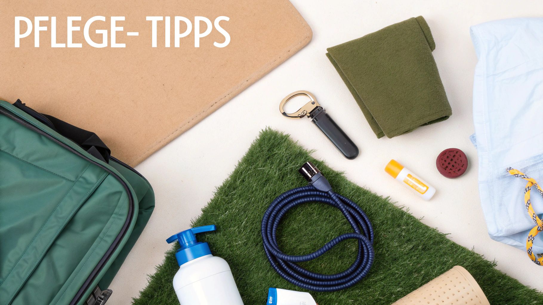 Pflege-Tipps als Überschrift über einem Flatlay mit verschiedenen Pflegeprodukten, einem grünen Beutel und einer blauen Schnur.