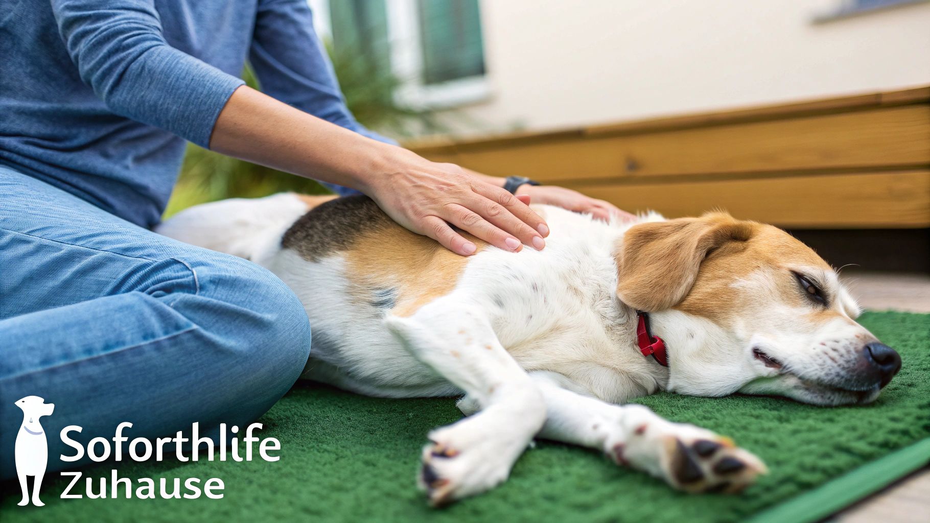 Ein Hund ruht sich aus, während eine Person ihn sanft streichelt.