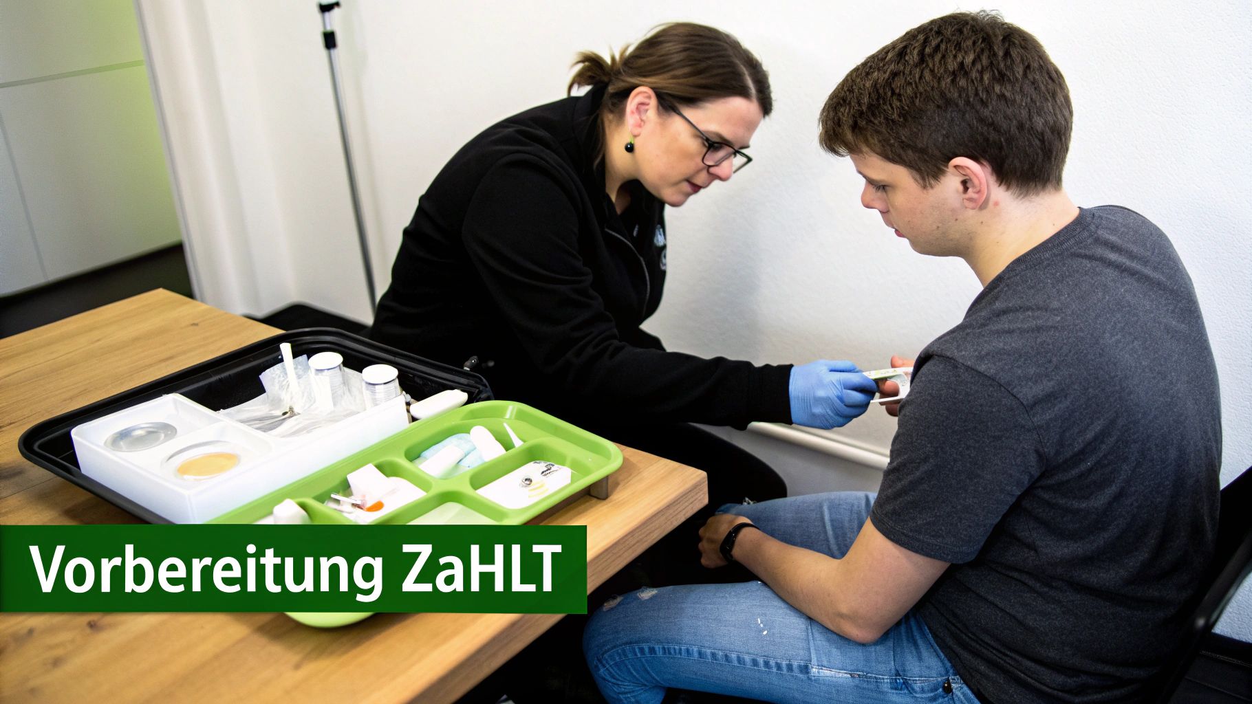 Eine Frau in Handschuhen bereitet eine medizinische Anwendung am Arm eines jungen Mannes vor. Auf dem Tisch liegen medizinische Utensilien.