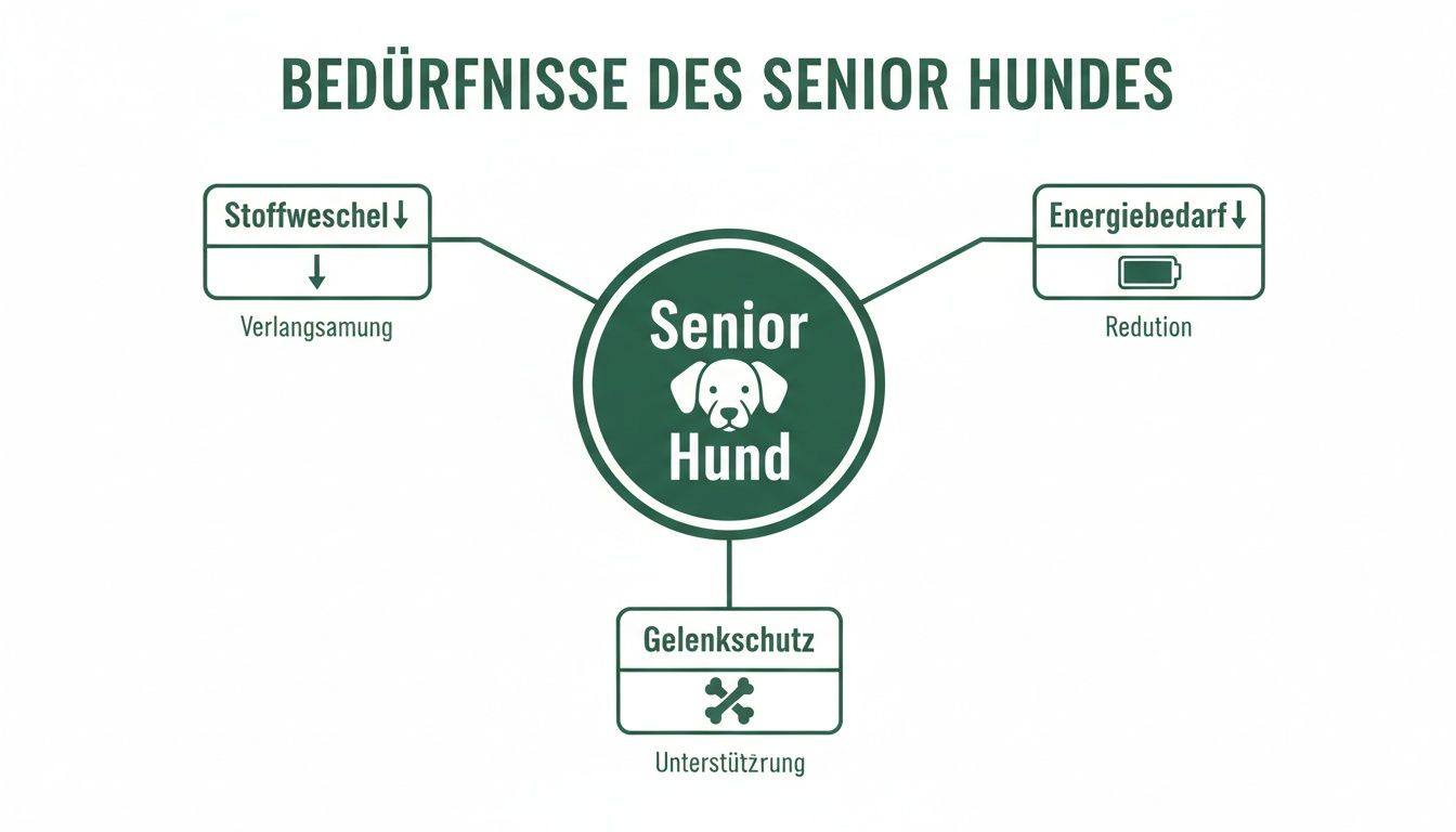 Infografik über die spezifischen Bedürfnisse von Senior Hunden, inklusive verlangsamtem Stoffwechsel, reduziertem Energiebedarf und Gelenkschutz.