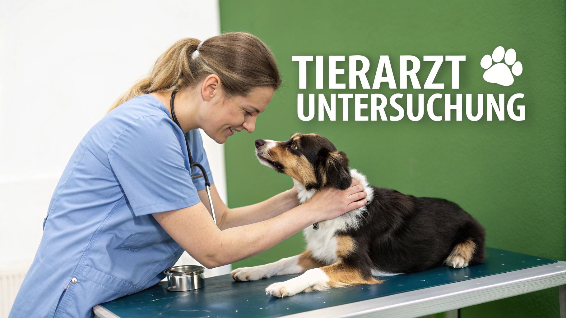 Eine lächelnde Tierärztin untersucht einen freundlichen Australian Shepherd Hund auf einem Untersuchungstisch in der Praxis.