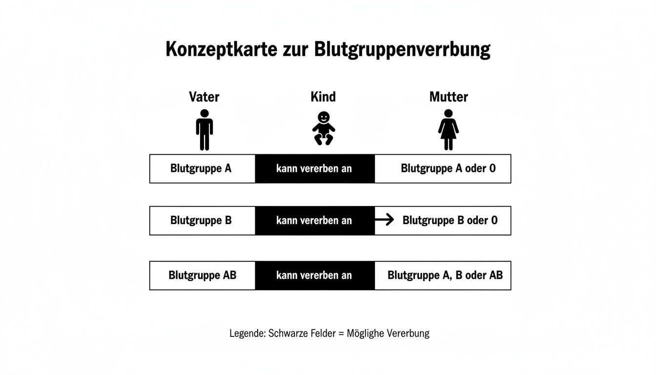 Konzeptkarte zur Blutgruppenvererbung, zeigt mögliche Blutgruppenübergaben von Vater zu Kind, inklusive möglicher Blutgruppen der Mutter (A, B, AB).