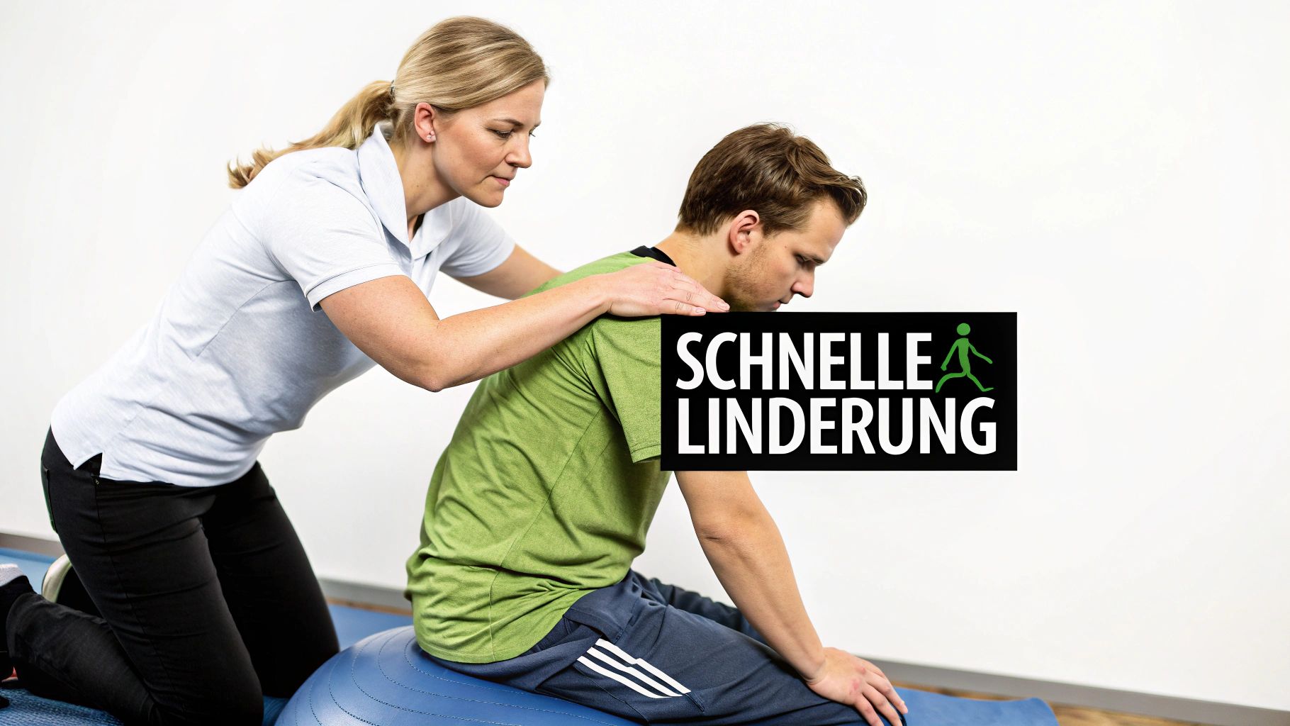 Eine Physiotherapeutin assistiert einem Mann bei einer Rückenübung. Der Text 'SCHNELLE LINDERUNG' mit Lauf-Symbol ist eingeblendet.