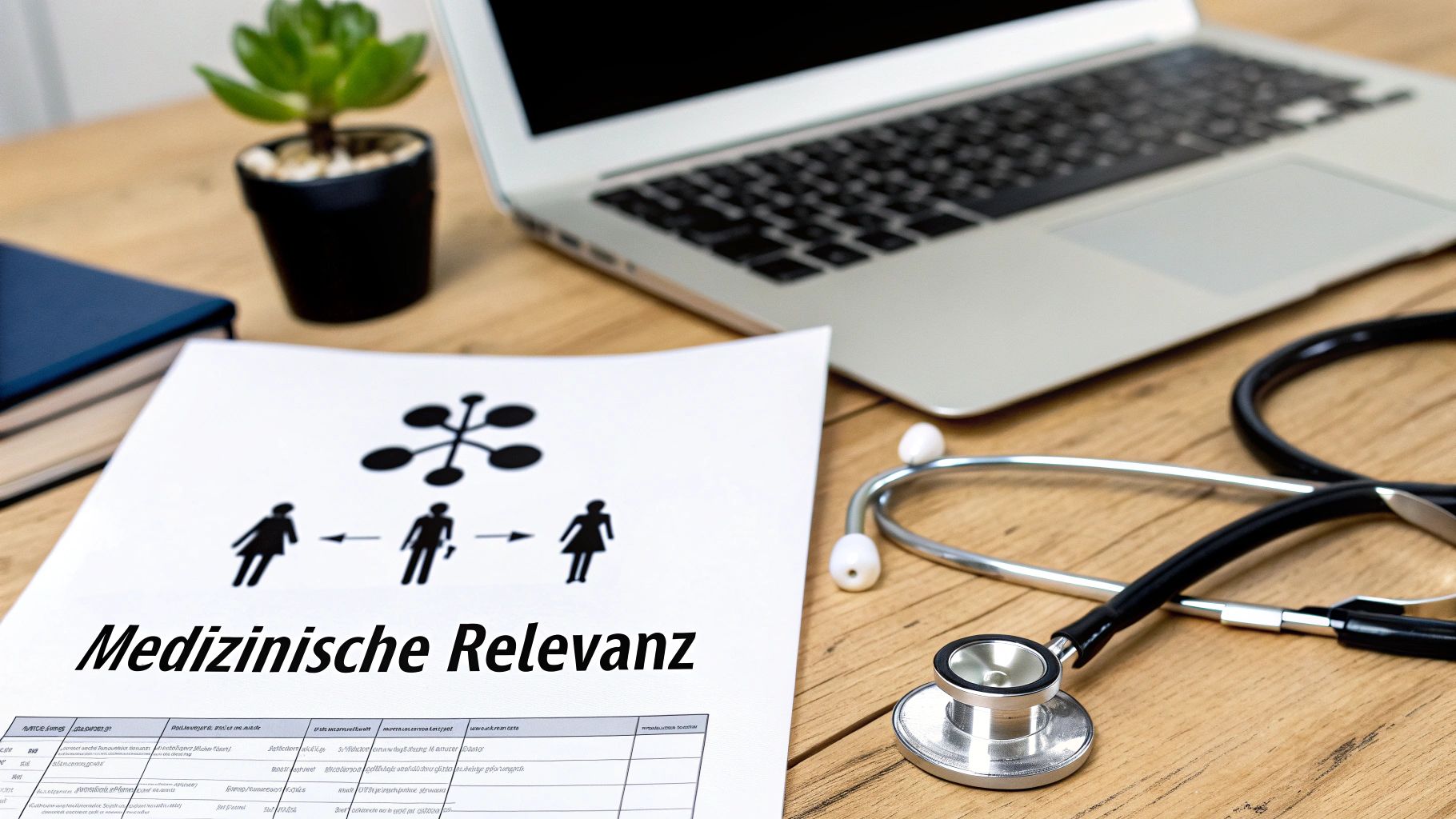 Ein Dokument mit dem Titel 'Medizinische Relevanz' liegt auf einem Holztisch, umgeben von einem Stethoskop und Laptop.