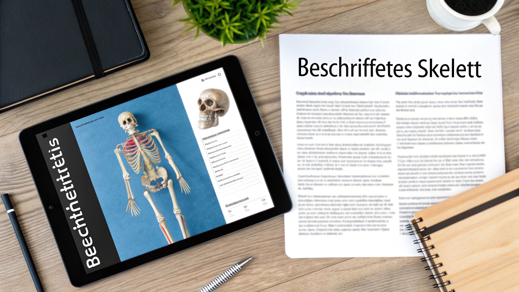 Digitales Lernen mit Tablet zeigt beschriftetes Skelett neben gedrucktem Dokument auf Schreibtisch