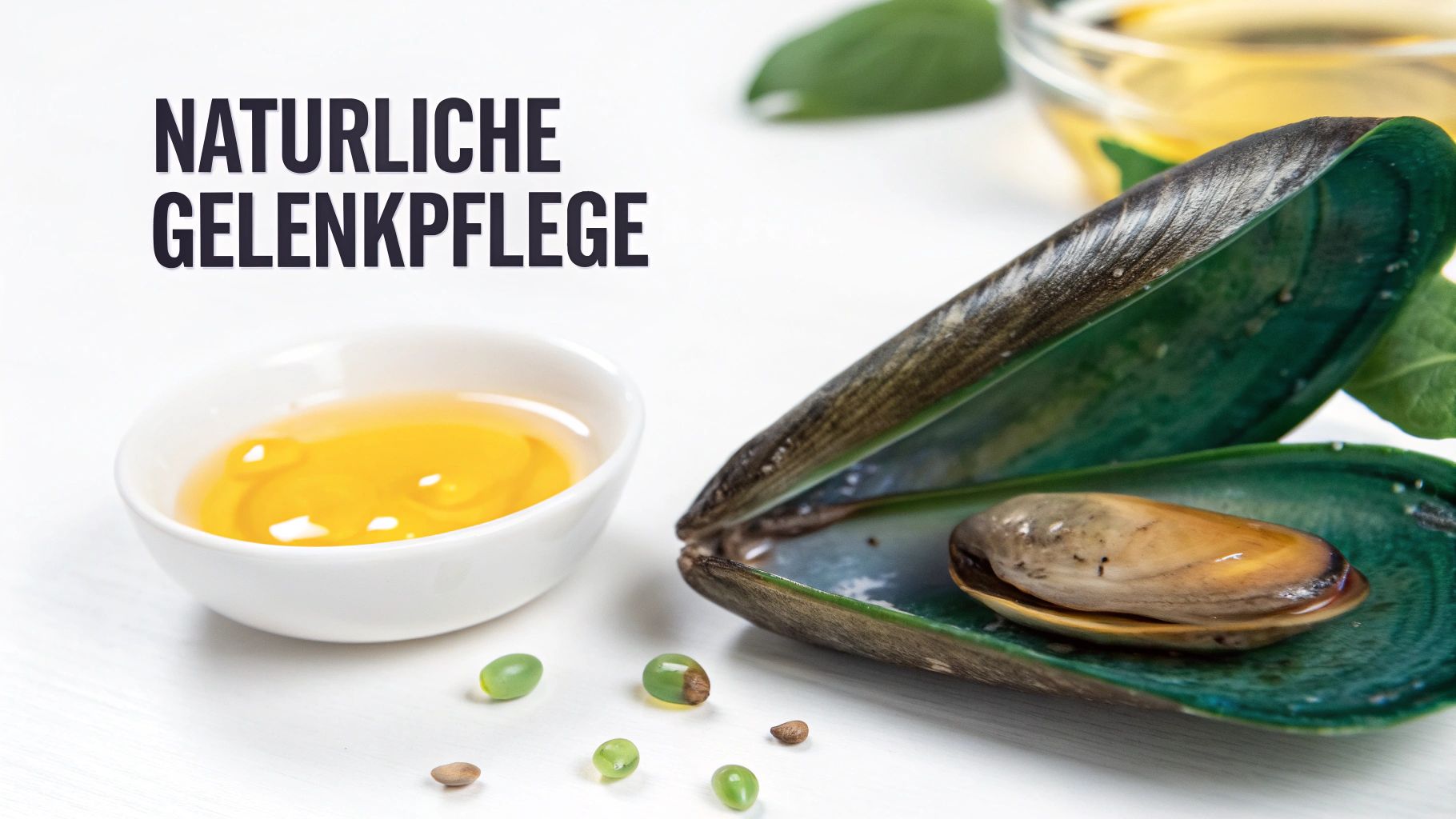 Ein offenes Grünlippmuschel-Gehäuse mit Muschel, daneben eine Schale mit gelbem Öl und Kapseln für natürliche Gelenkpflege.