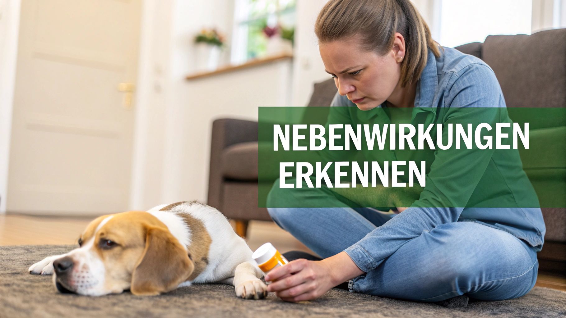 Ein besorgter Hundebesitzer untersucht sanft seinen Hund, der auf einem weichen Teppich liegt, in einem hellen Wohnzimmer.