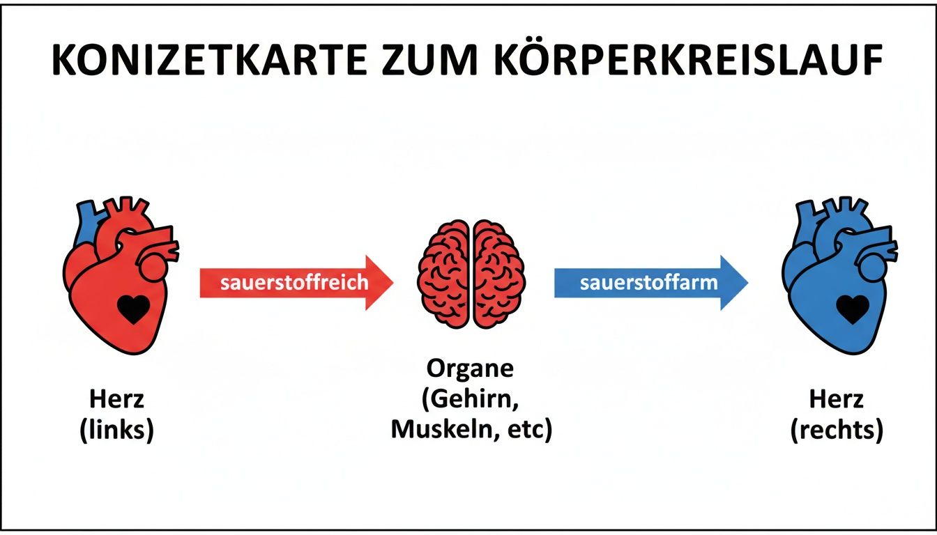 Konzeptkarte des Körperkreislaufs: Sauerstoffreiches Blut vom linken Herz zu Organen, dann sauerstoffarmes Blut zum rechten Herz.