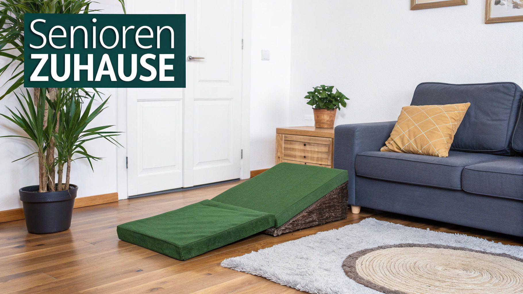 Eine grüne Haustierrampe in einem gemütlichen Wohnzimmer mit Sofa und Pflanzen, ideal für ältere Tiere. Text: Senioren ZUHAUSE.