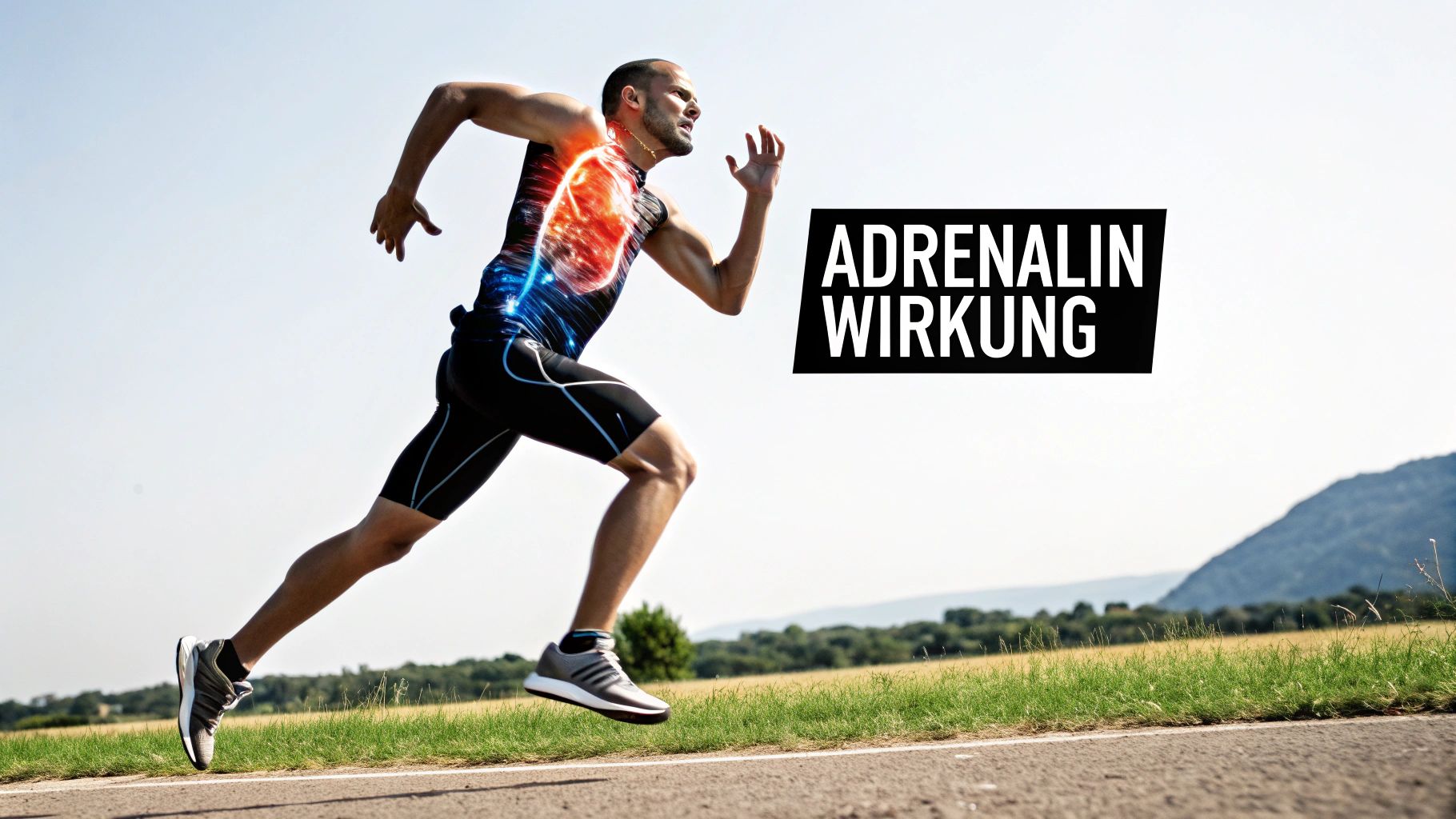 Eine Person beim Sprinten, um die schnelle und kraftvolle Wirkung von Adrenalin auf den Körper zu symbolisieren.
