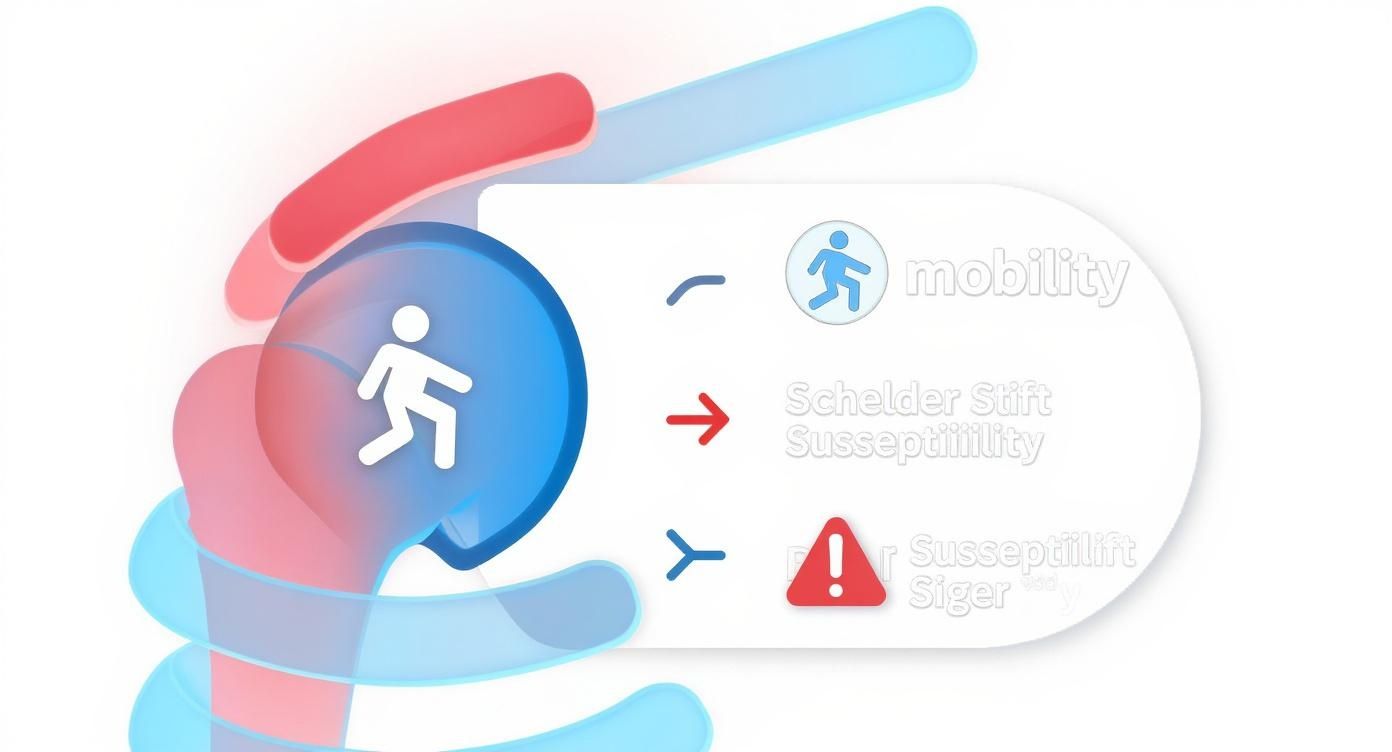 Stilisierte Darstellung des Schultergelenks mit Icons für Mobilität und Warnhinweise auf mögliche Risiken.