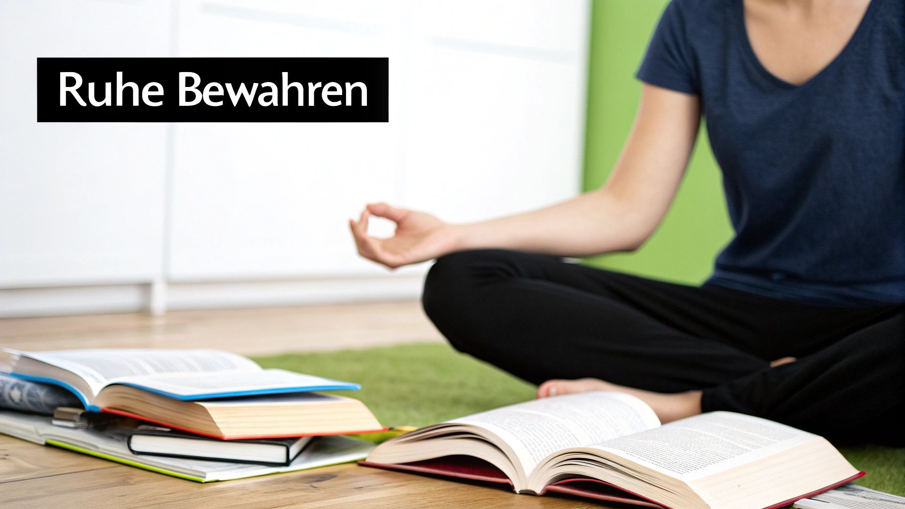Eine Person blickt nachdenklich, aber hoffnungsvoll in die Ferne, während sie am Schreibtisch sitzt, umgeben von Lernmaterialien für den Medizinertest.