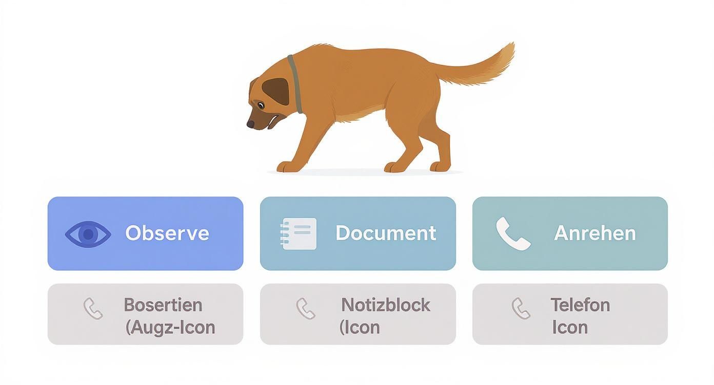 Ein brauner Hund mit Halsband geht über sechs farbigen Schaltflächen mit Texten wie „Observe“ und „Document“.