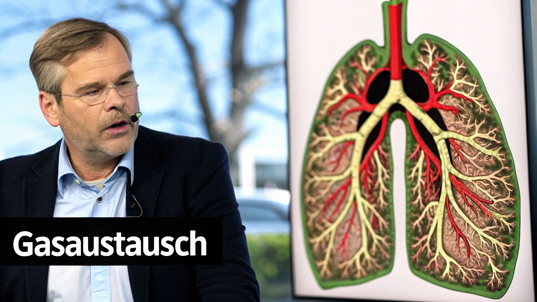 Eine Illustration, die den Gasaustausch in den Alveolen der Lunge zeigt.
