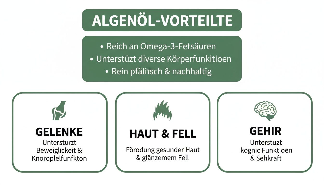 Infografik über die Vorteile von Algenöl, einschließlich Omega-3-Fettsäuren, Unterstützung für Gelenke, Haut, Fell und Gehirn.