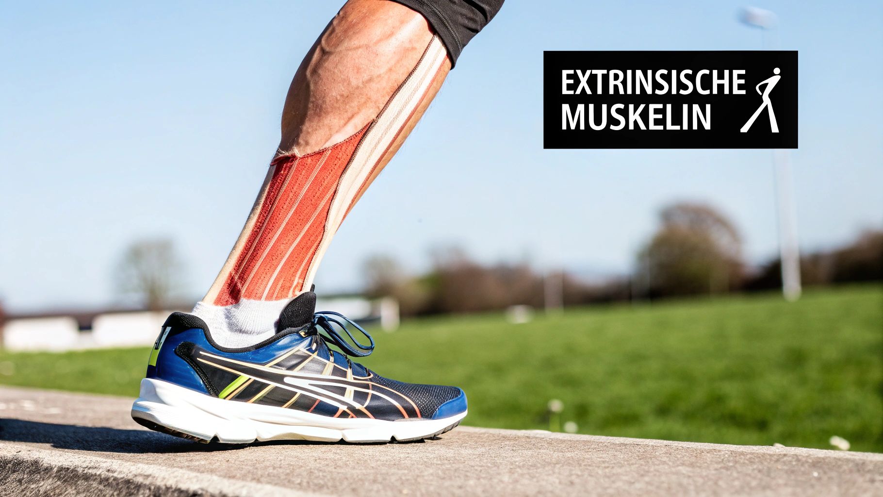 Nahaufnahme eines Läuferbeins mit sichtbaren extrinsischen Muskeln und einem Laufschuh, das Fußanatomie zeigt.