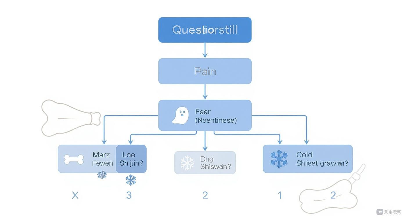 Flussdiagramm mit den Schritten Questionstill, Schmerz und Angst, verzweigt sich in kalte und Knochen-bezogene Szenarien.