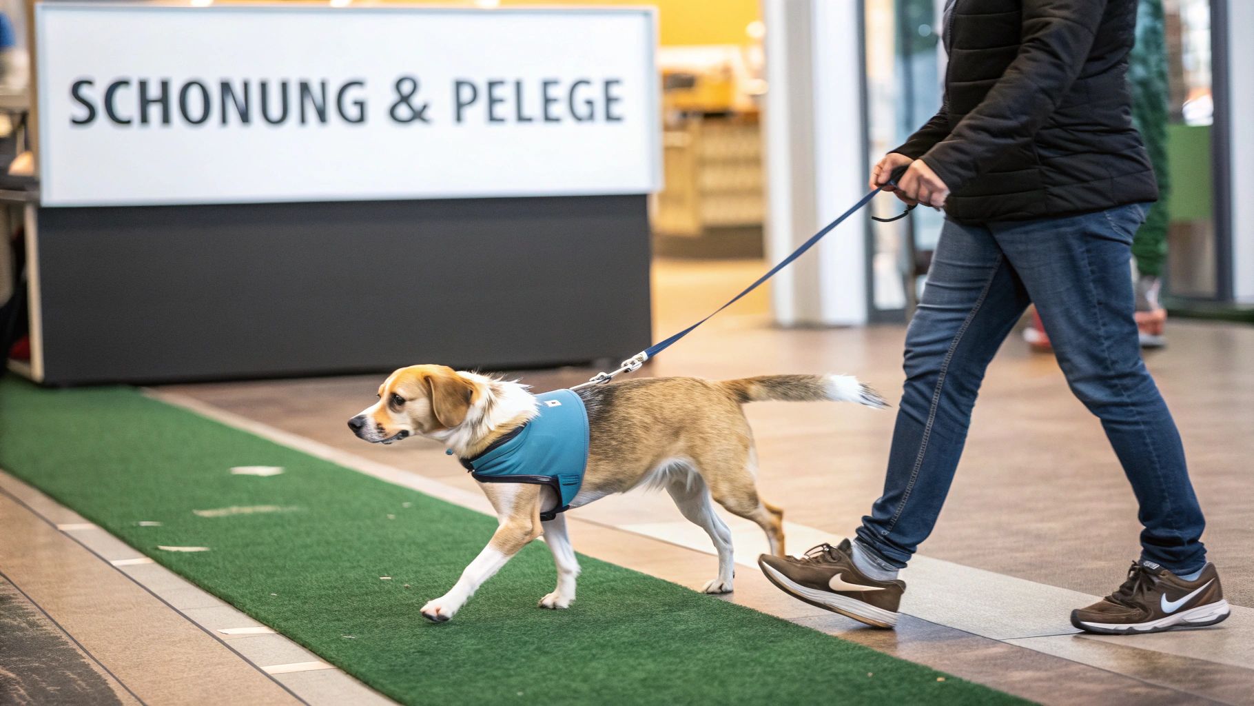 Hund mit blauem Verband oder Schutzweste läuft an der Leine neben seinem Besitzer im Geschäft