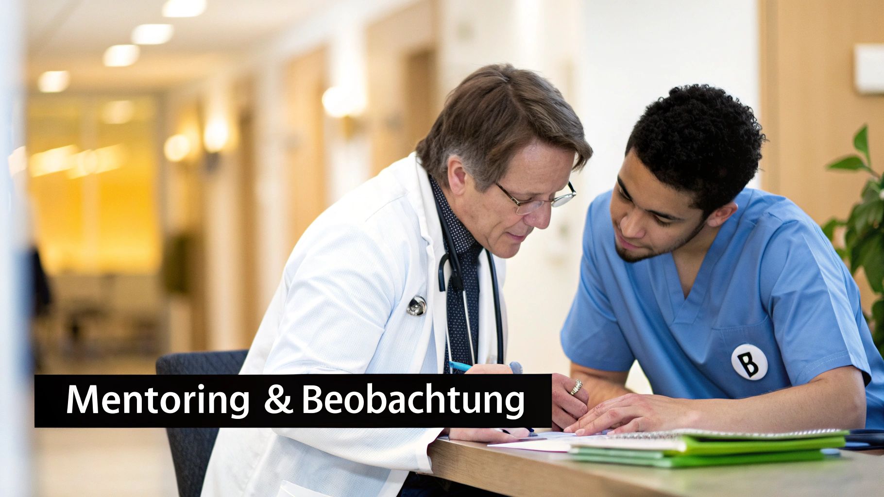 Ein erfahrener Arzt mentoriert einen jüngeren Kollegen, während sie medizinische Dokumente besprechen.