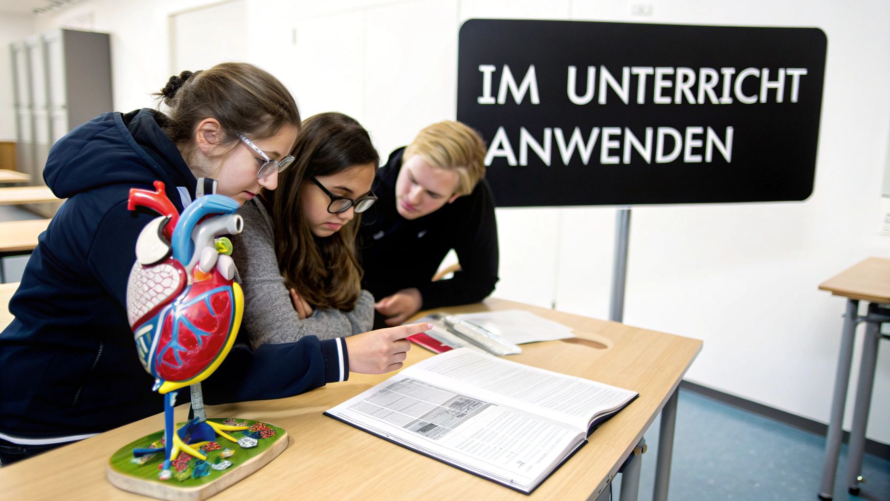 Schülerinnen studieren Herzmodell und Arbeitsblätter im Biologieunterricht zur Anwendung im Unterricht