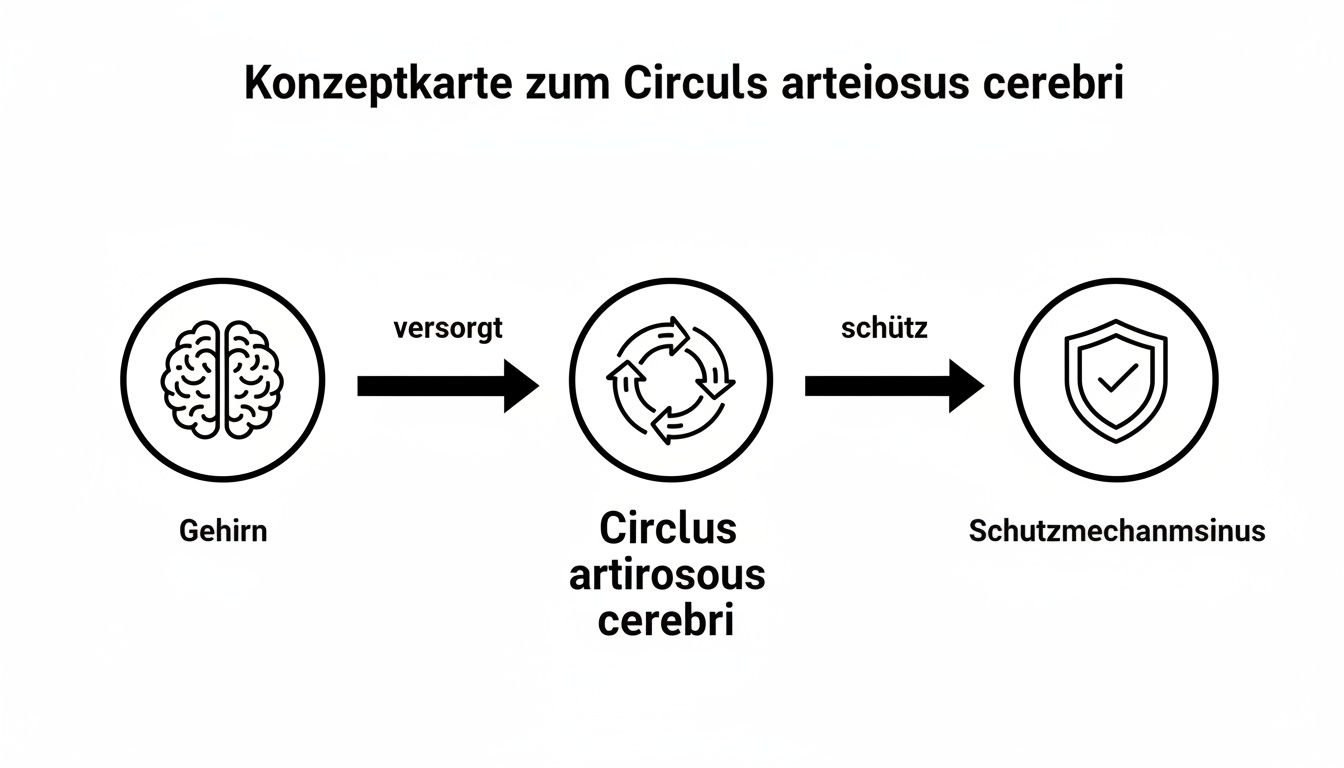 Konzeptkarte, die den Circulus arteriosus cerebri als Versorgung und Schutz des Gehirns darstellt.